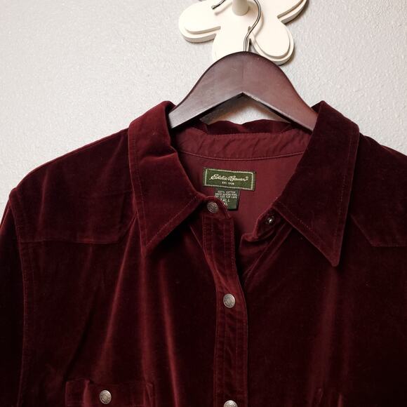EDDIE BAUER (Tall) Velvet Snap Button Western Shirt Dress Wine Nightgown - Picture 5 of 9